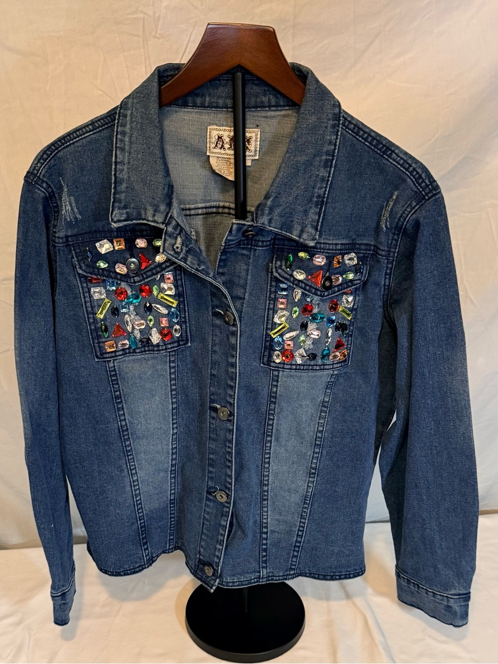 Ami Y2K Blue Denim Jacket with Multicolor Jewel Embellishments Size Large (KK14)